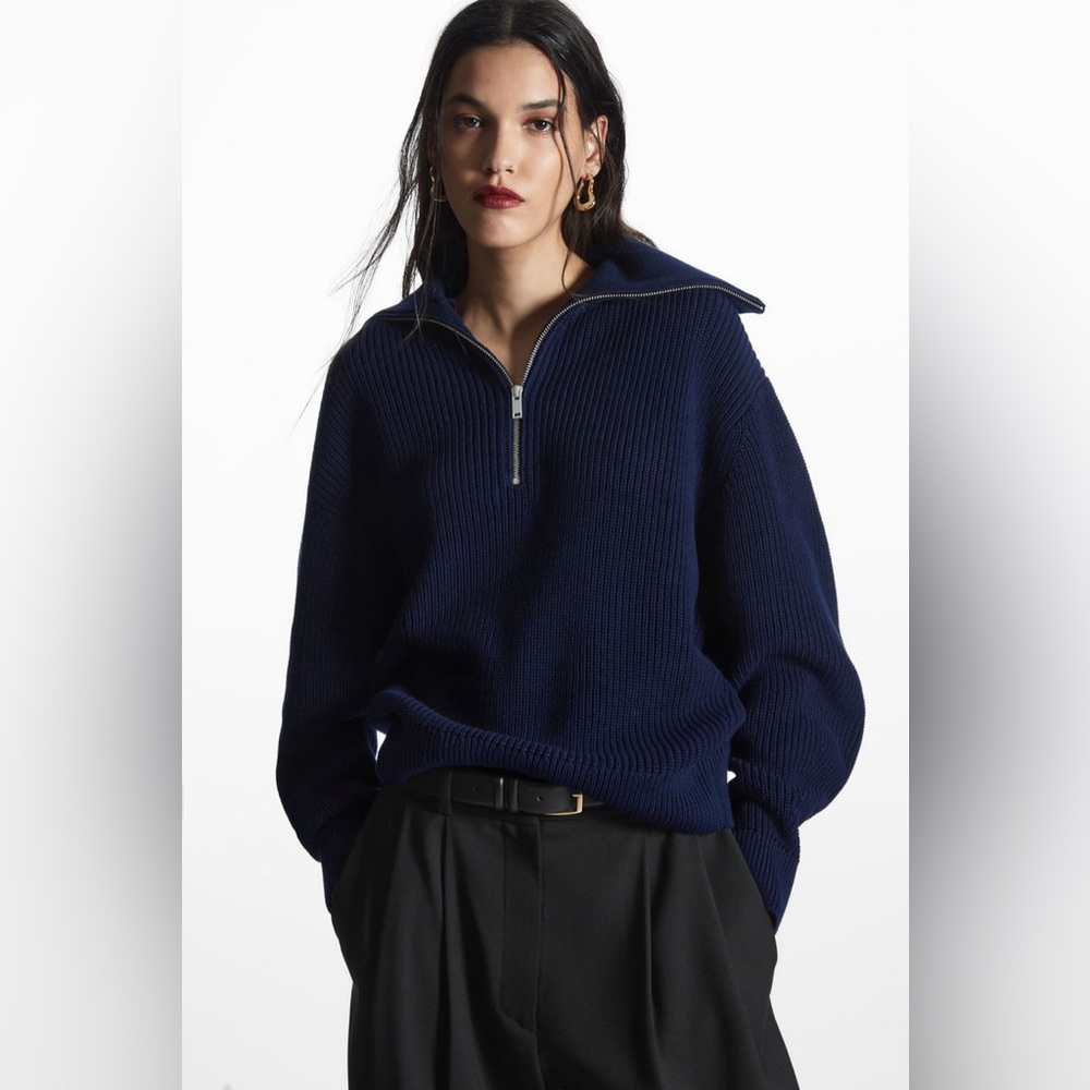 COS Navy Zip-Front Ribbed Sweater